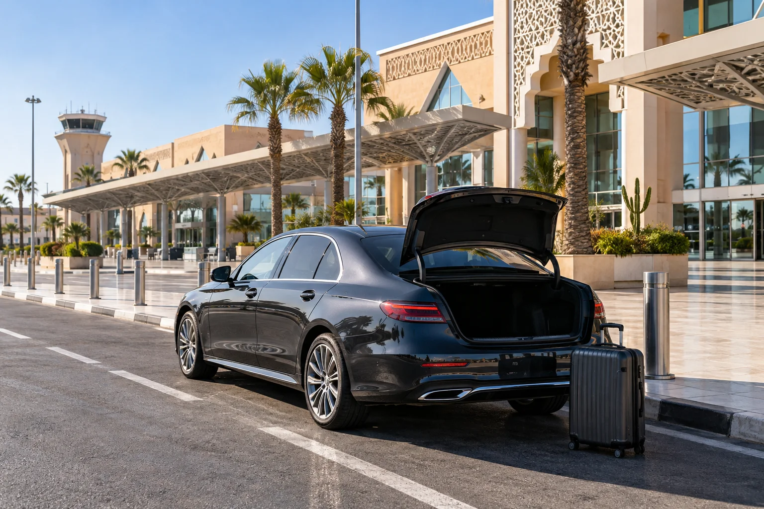 Vorgebuchtes Transferfahrzeug wartet in der Nähe der Ankunftshalle des Flughafens Agadir Al Massira mit Gepäck des Passagiers. Taxi am Flughafen Agadir