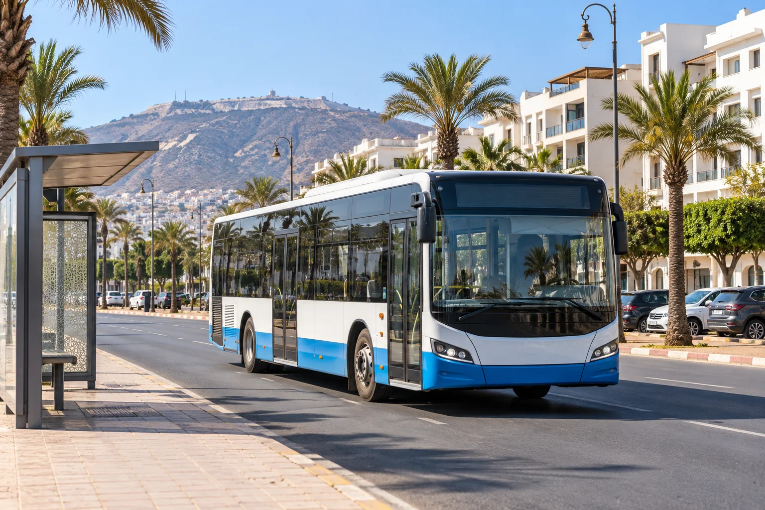 Autocarro público a viajar por uma rua ladeada de palmeiras em Agadir, Marrocos. Agadir para Taghazout